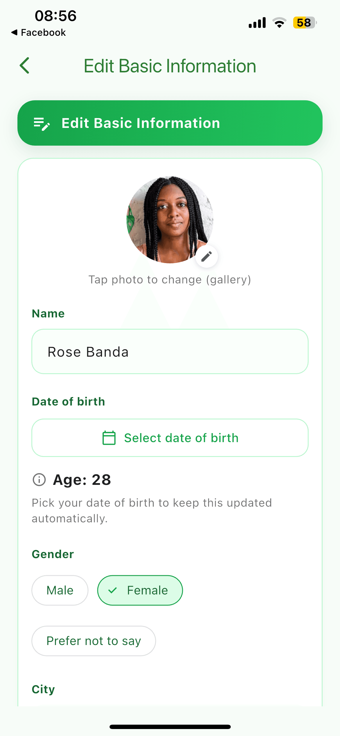 NTCHITO app profile setup screen